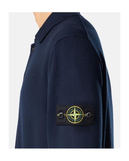 Stone Island Blue Long-Sleeved Knitted Polo Shirt for men