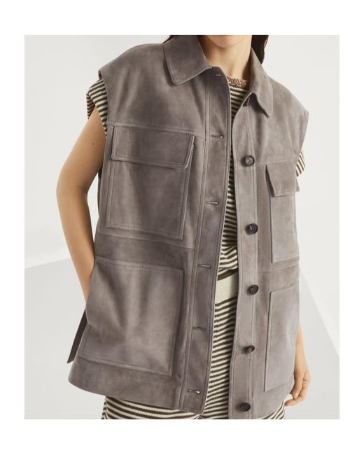 Brunello Cucinelli Gray Embellished Four-Pocket Vest