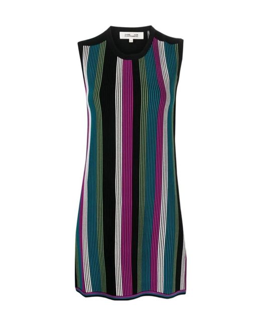 Diane von Furstenberg Blue Vertical Striped Sleeveless Dress