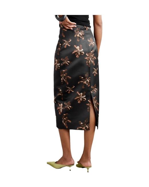 Emilia Wickstead Black Floral-Print Satin Midi Skirt