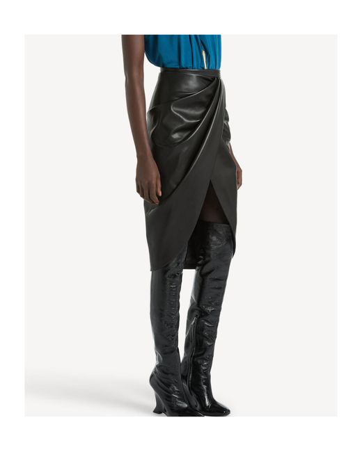 Balmain Black Draped Lambskin Midi Skirt