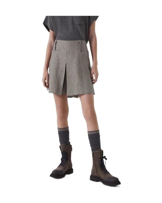 Brunello Cucinelli Gray Houndstooth-Pattern Linen-Blend Skort