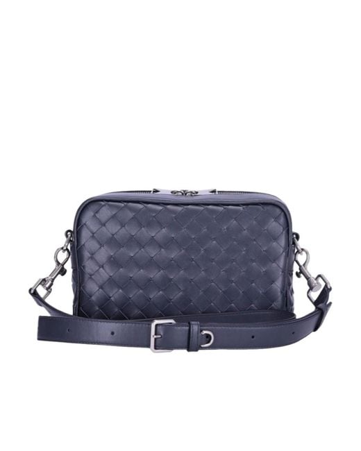 Bottega Veneta Blue Intreccio Zip Around Messenger Bag for men