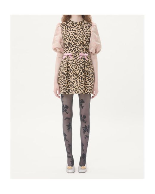 Valentino Natural Leopard Printed Puff-Sleeved Mini Dress