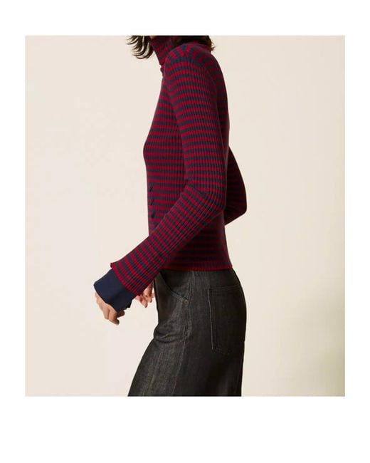 Twinset Purple Striped High-Neck Pullover