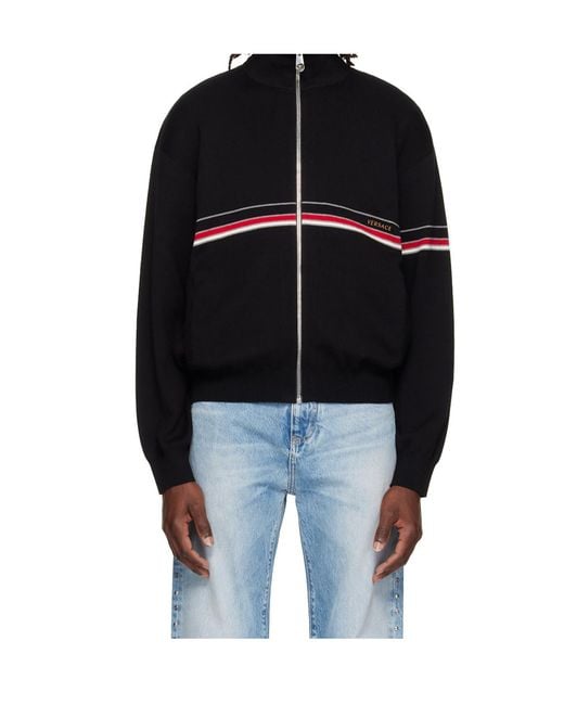 Versace Black Embroidered-Logo Cotton-Knit Zip Cardigan for men