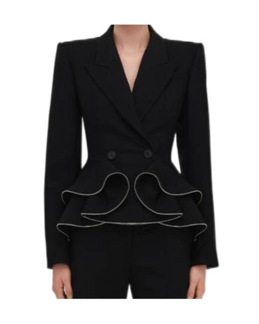McQueen Black Zipped Peplum Double-Breasted Blazer