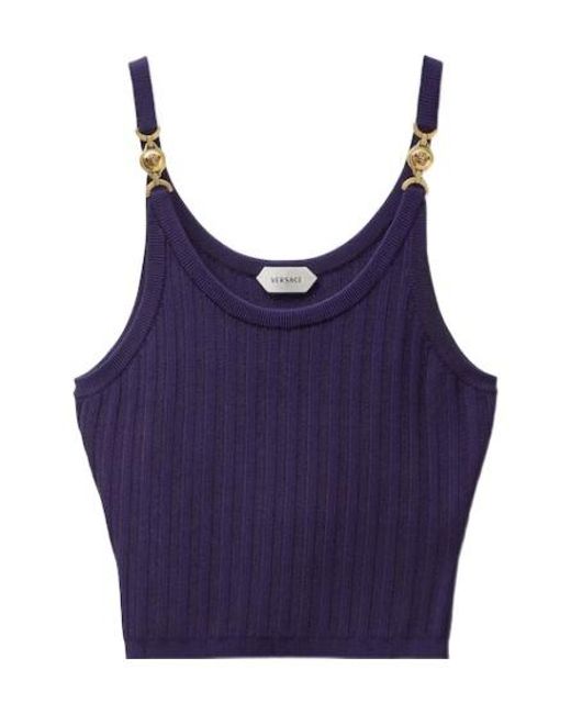 Versace Blue Stretch Viscose Mesh Ribbed Knit Top