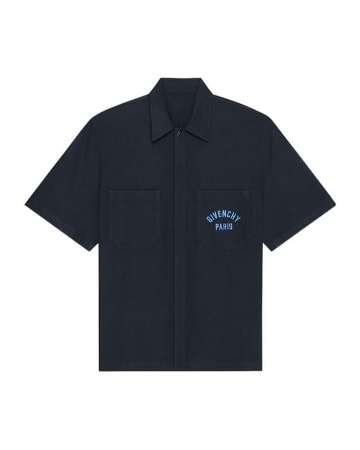 Givenchy Blue Paris Signature Embroidered Short-Sleeved Shirt for men