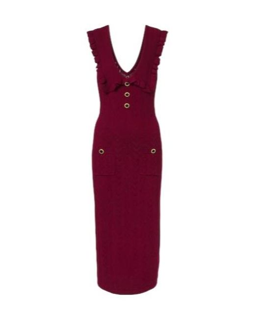 Alessandra Rich Red Ruffled Knitted Pointelle Midi Dress