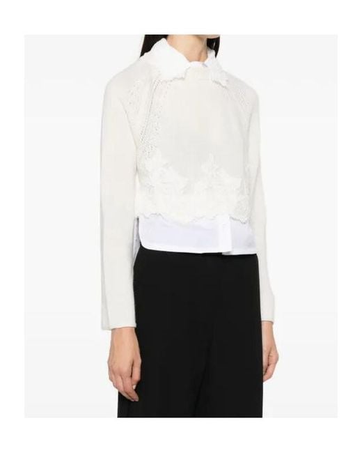 Ermanno Scervino White Lace Trim Layered-Effect Knitted Sweater