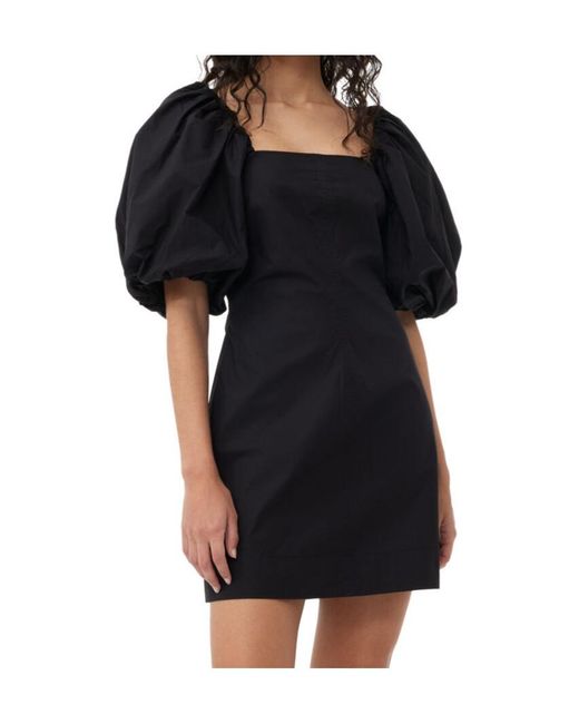 Ganni Black Poplin Puff-Sleeved Mini Dress