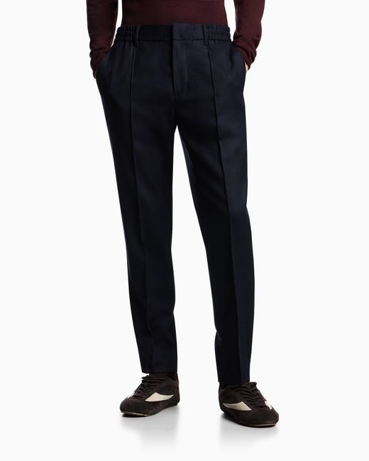 Emporio Armani Blue Stretch-Twill Virgin-Wool Trousers With Ribbing for men