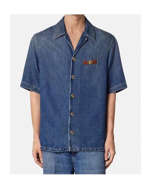 Versace Blue Short-Sleeved Denim Shirt for men