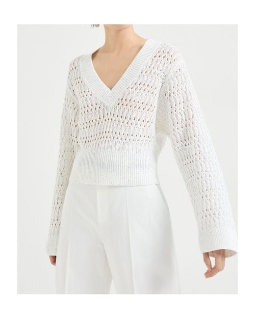 Brunello Cucinelli White Openwork V-Neck Knitted Sweater