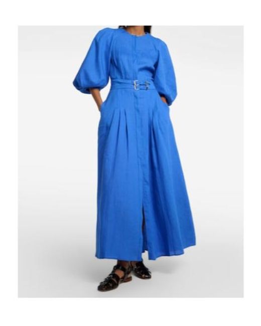 Gabriela Hearst Blue Elea Puff-Sleeve Linen Maxi Dress