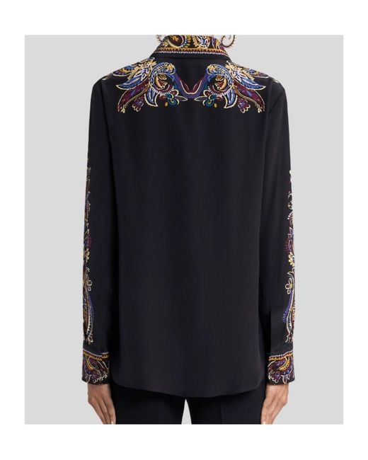 Etro Black Silk Shirt With Placed Paisley Foliage Print