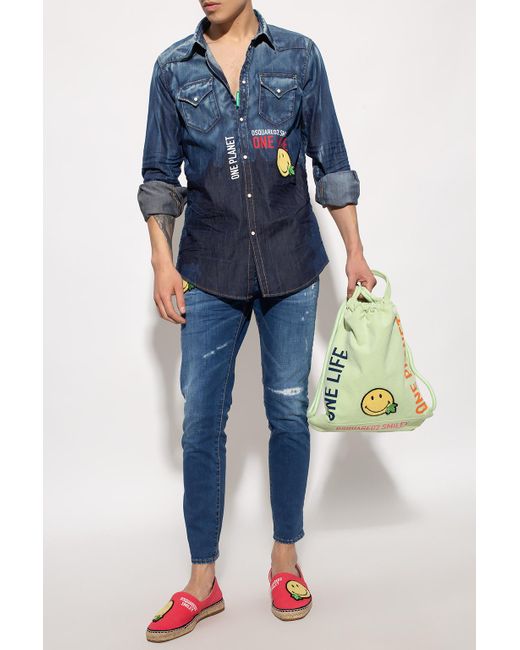 DSquared² Blue Denim Logo-Print Shirt for men