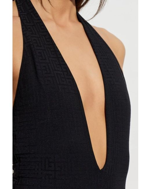 Balmain Black Plunge Monogram One-Piece Beachwear