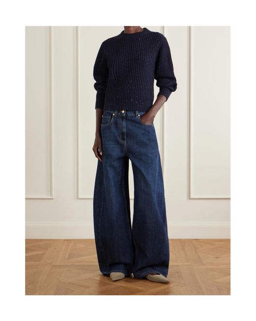 Brunello Cucinelli Blue Logo Patch Wide Leg Pants