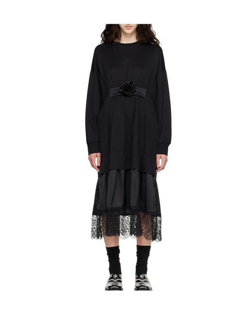 Simone Rocha Black Loose-Fitting Ruffled Rose Lace Dress