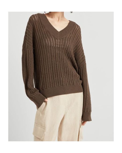 Brunello Cucinelli Brown Monili-Embellished V-Neck Jumper