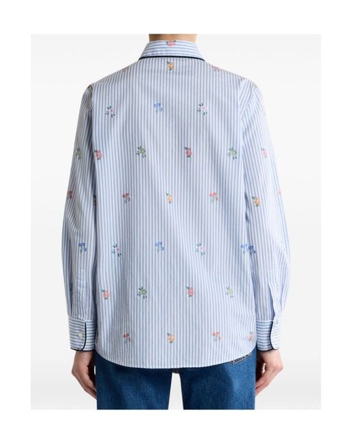Etro Blue Striped Cotton Jacquard Shirt With Trim And Fil Coupé Flower Motif