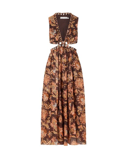 Zimmermann Brown Aster Cut-Out Printed Cotton Midi Dress