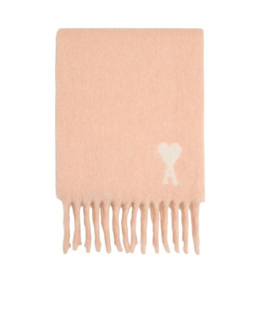 AMI Pink Logo Detailed Fringed-Hem Scarf