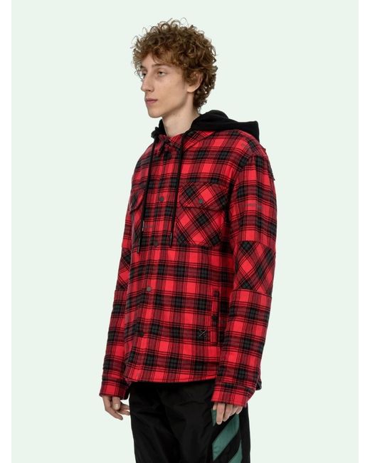Off-White c/o Virgil Abloh Red Hooded Checked Shirt Jacket for men