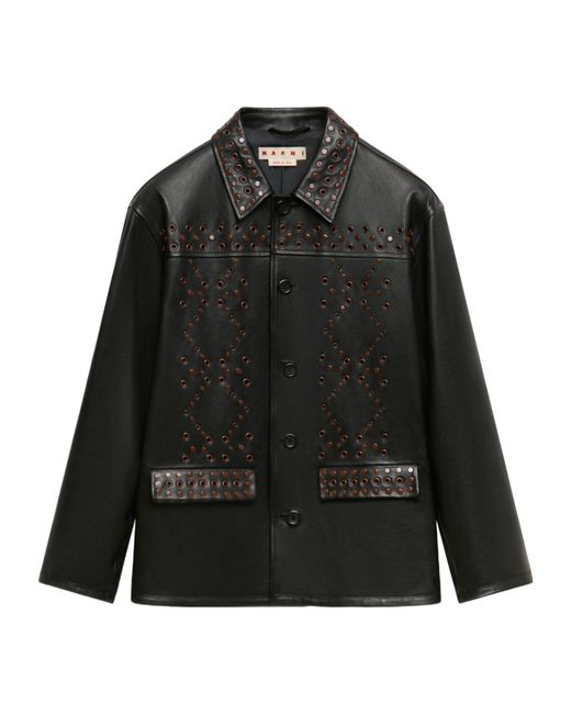 Marni Black Leather Jacket With Studded Front for men
