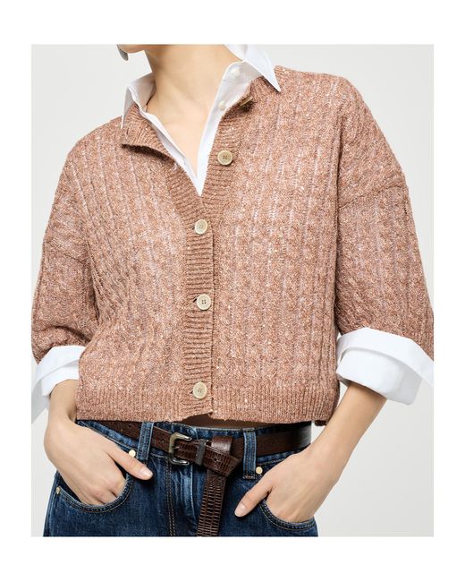 Brunello Cucinelli Brown Cable-Knit Openwork Cardigan