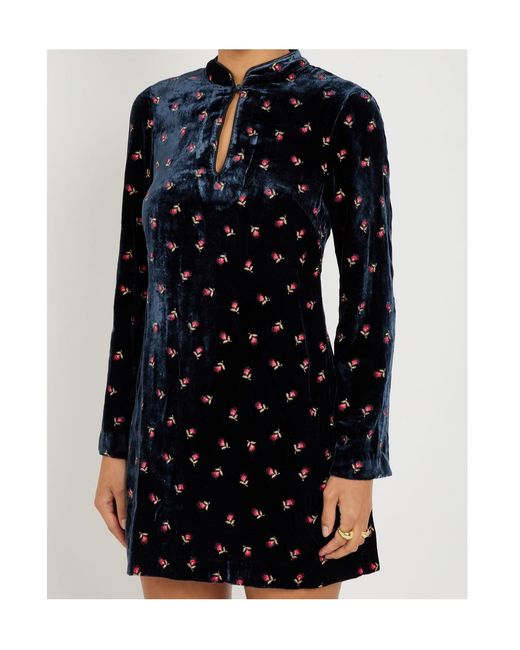 Rixo Blue Calla Floral-Embroidered Velvet Mini Dress
