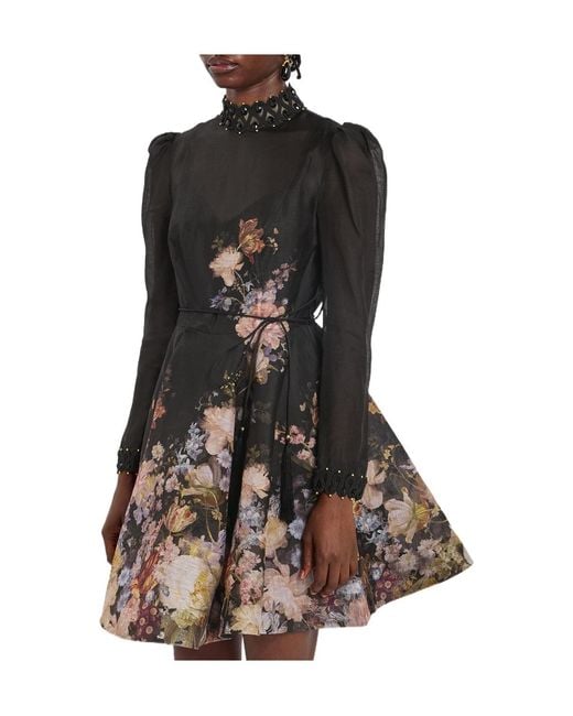 Zimmermann Black Floralprint Linen And Silkblend Mini Dress