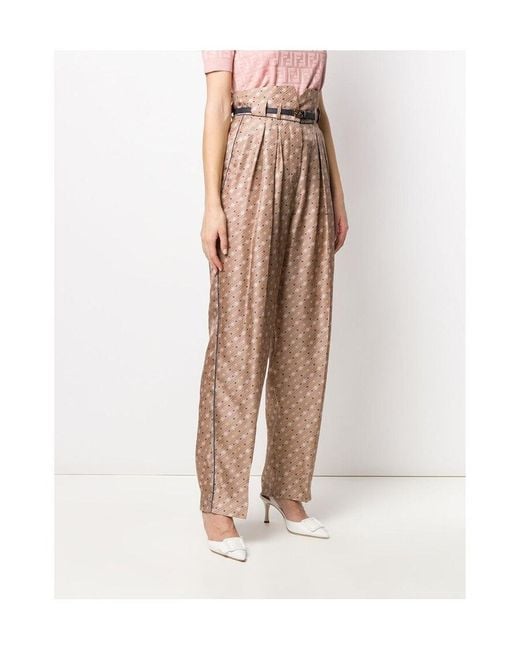 Fendi Natural High-Waisted Karligraphy Motif Printed Trousers