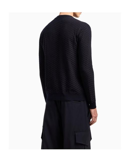 Giorgio Armani Blue Plated Chevron Crewneck Jumper for men