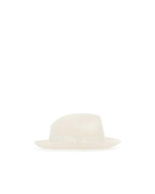 Borsalino White Ribbon-Trimmed Wide-Brim Fedora Hat