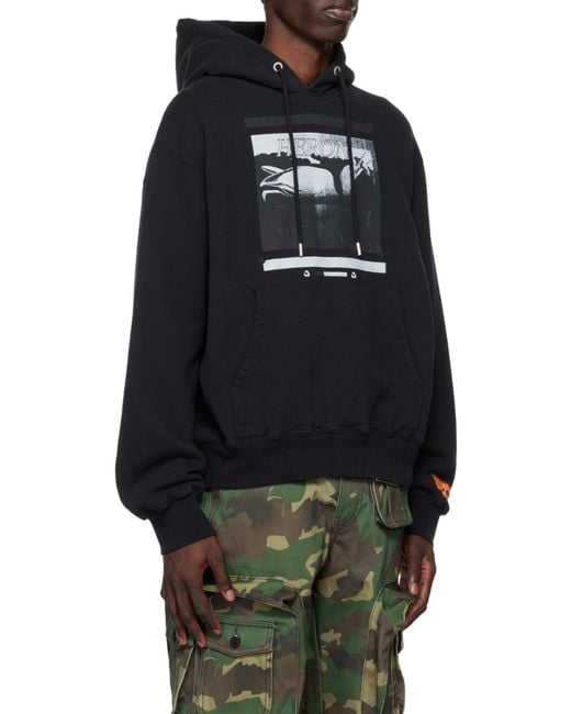 Heron Preston Black Graphic Printed Drawstring Hoodie for men