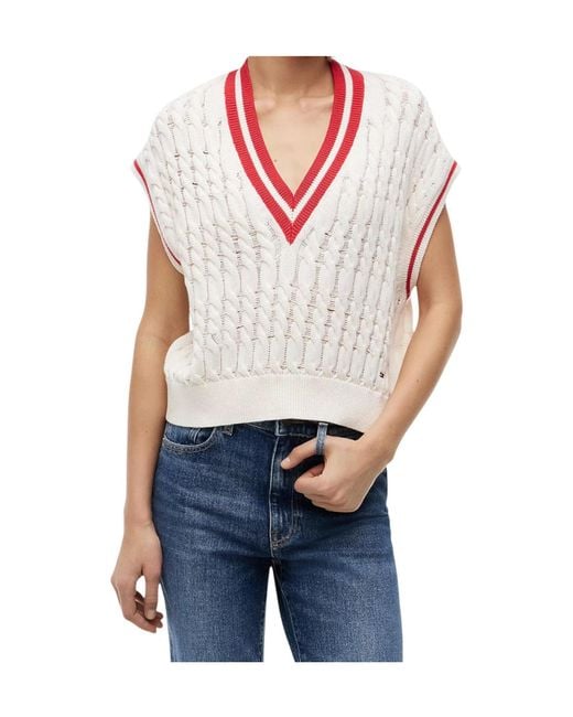 Tommy Hilfiger White Cable Knit V-Neck Oversized Sweater Vest