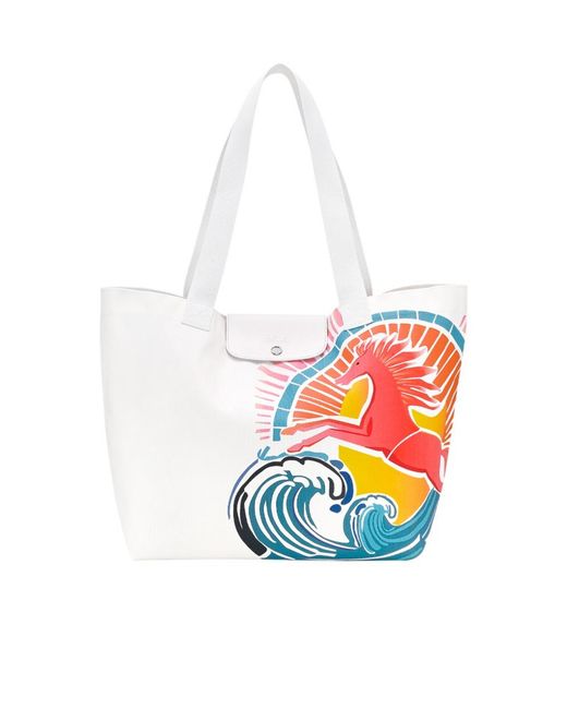 Longchamp White L Le Pliage Horse-Graphic Tote Bag