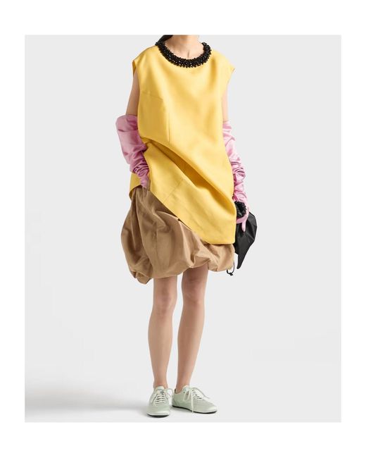 Prada Yellow Embroidered Slubbed Gazar Dress