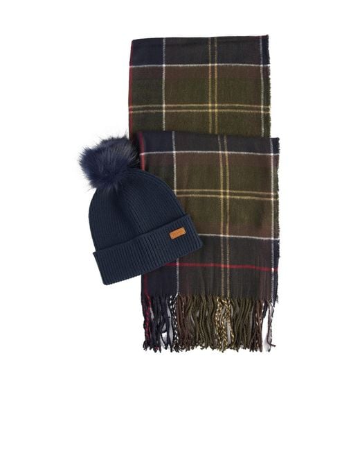 Barbour Gray Tartan Scarf Knitted Beanie Set