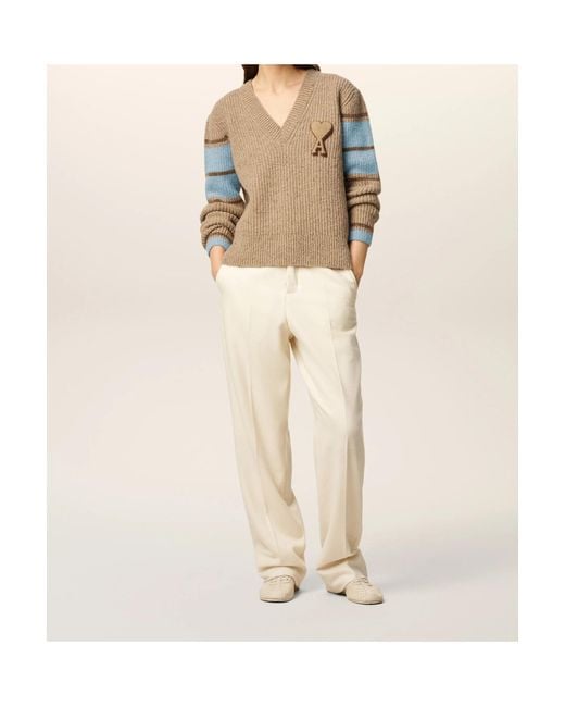 AMI Natural Logo Patch V-Neck Jumper for men