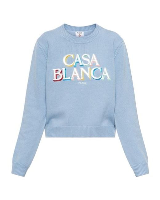 Casablanca Blue Logo Embroidered Cropped Knit Sweater