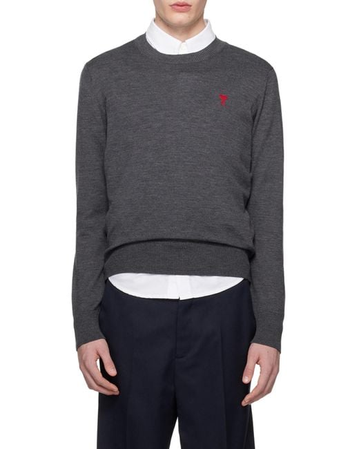 AMI Gray Ami De Coeur Logo Embroidered Crewneck Jumper for men