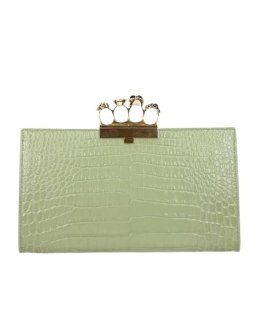 McQueen Green Knuckle Croc-Effect Clutch Bag