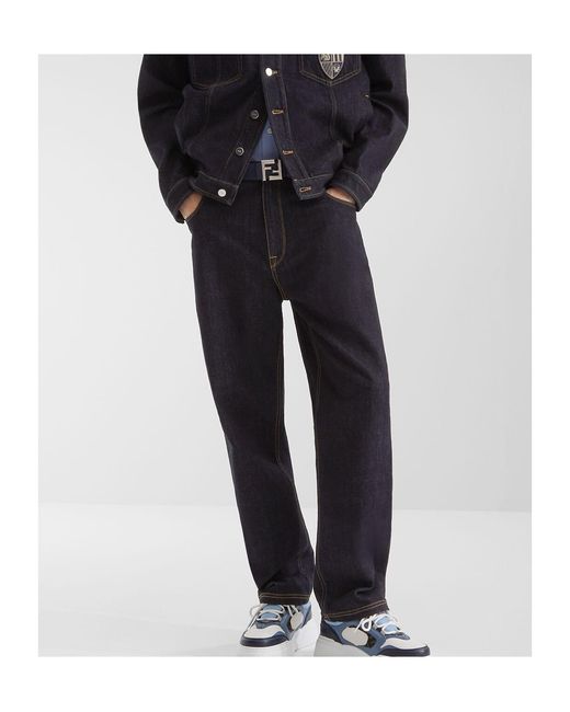 Fendi Blue Crest Embroidered Straight-Leg Jeans for men