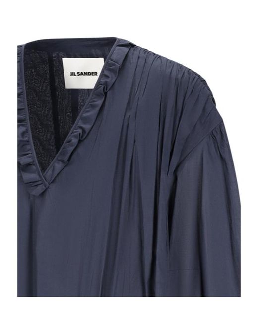 Jil Sander Blue Ruffled Pleated Blouse