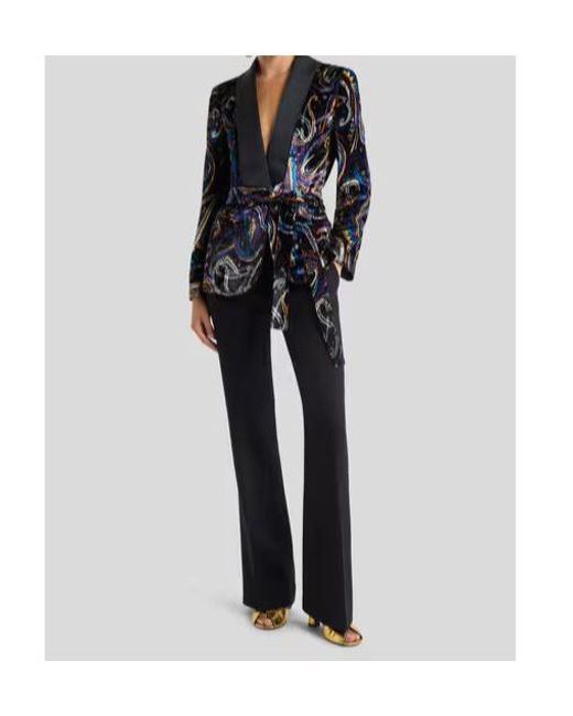 Etro Black Paisley Foliage Motif Belted Velvet Blazer