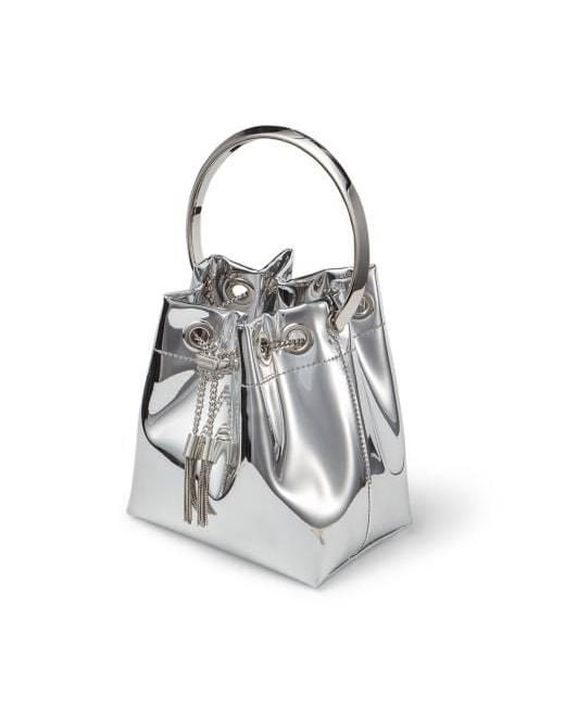 Jimmy Choo White Bon Bon Metallic Drawstring Mini Bucket Bag